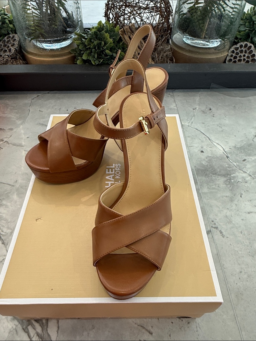 Michael Kors Cognac Leather Platform Wedge Sandals